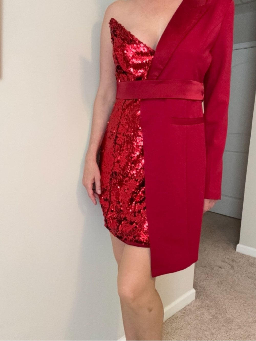 Red Sequin One-Shoulder Cocktail Dress